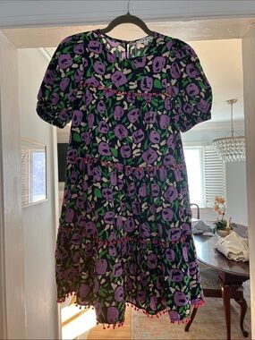 THML Purple Floral Tiered Dress with Pom Trim